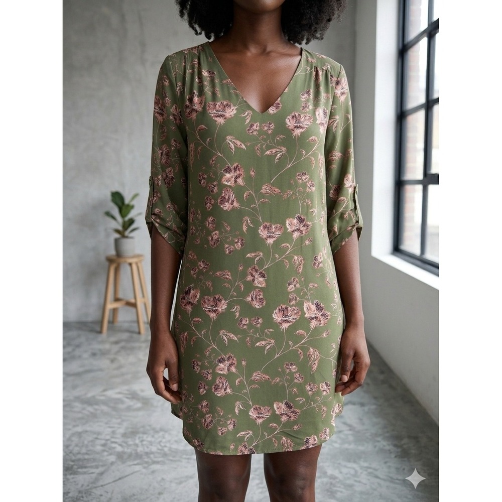 Verse Olive Green Pink Floral V-Neck Roll Tab Sleeve Shift Mini Dress‎ Womens